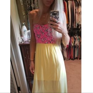 Pink Floral/Yellow Strapless Maxi Dress